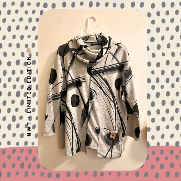 🏷️🆕🎉totw • gray knit mock neck sweater with black circle&swirl abstract print - Picture 1 of 16